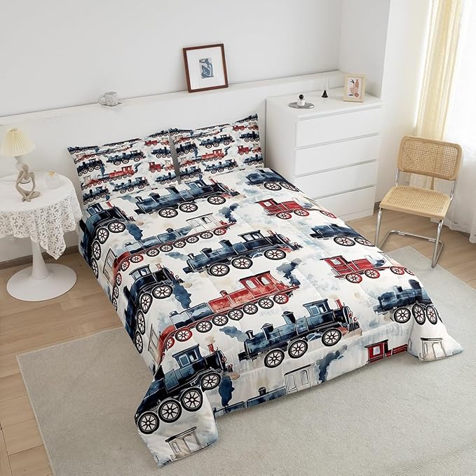 Vintage Steam Train Kids Comforter Set - Locomotive Print Retro Car Full Bedding Sets - Cartoon Railway Vehicles Bed Set Colorful Steam Engine Train Duvet Insert Gifts For Kids Boys Home Decor