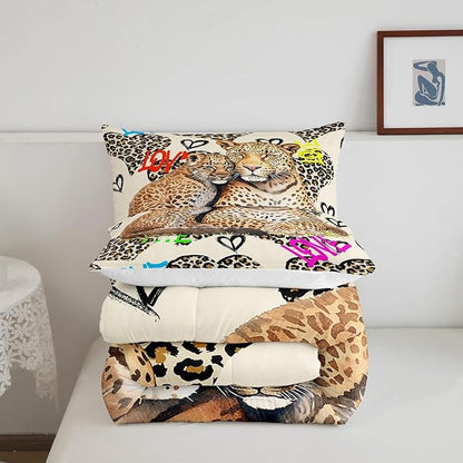 Leopard Comforter Set King Size,Family Cheetah Bedding Set 3pcs for Kids Teens Boys Room Decor, Africa Wild Animals Quilt Set Fashion Watercolor Graffiti Heart Duvet Insert with 2 Pillowcases