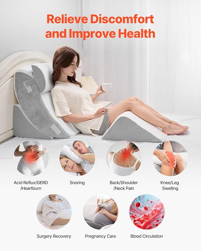 VEVOR Wedge Pillow for Sleeping, 4 Pcs Adjustable Orthopedic Bed Wedge Set, Support Leg Neck Shoulder, Post Surgery Pillow for Back Pain, Acid Reflux, Snoring Relief, Sitting up in Bed, White/Grey