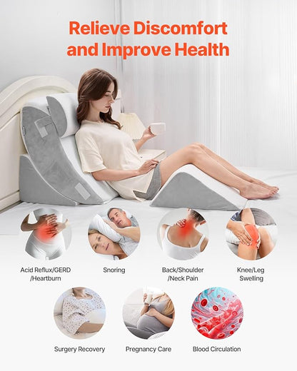 VEVOR Wedge Pillow for Sleeping, 4 Pcs Adjustable Orthopedic Bed Wedge Set, Support Leg Neck Shoulder, Post Surgery Pillow for Back Pain, Acid Reflux, Snoring Relief, Sitting up in Bed, White/Grey