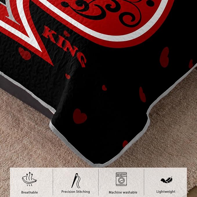 AILONEN Red & Black Quilt Set for Couples Lovers - Full King Crown Printed Bedspread Coverlet,His Hers Themmed Love Heart Quilted Bedding + 2 Pillowcases