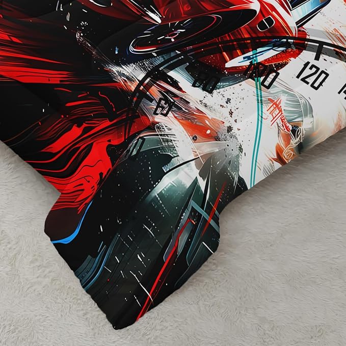 Red Racing Car Themed Comforter 3Pcs Twin Cool Speed Sports Car Fast and Furious Bedding Set for Kid Teen Girl Boy Adult Extreme Sport Game Quilt Bed Decor with 1 Comforter and 2 Pillowcases