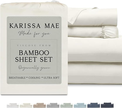 KARISSA MAE Cooling Bamboo Viscose Cal King Sheet Set | 100% Organically Grown | 18” Deep Pocket | Silky, Soft, & Hypoallergenic | with Organizer Band & Elastic Corner Straps [Ivory]
