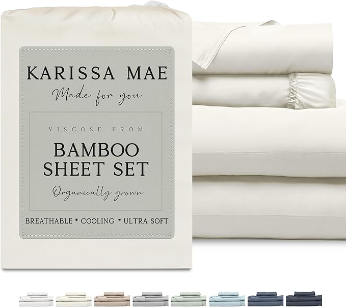 KARISSA MAE Cooling Bamboo Viscose Queen Sheet Set | 100% Organically Grown | 18” Deep Pocket | Silky, Soft, & Hypoallergenic | with Organizer Band & Elastic Corner Straps [Ivory]
