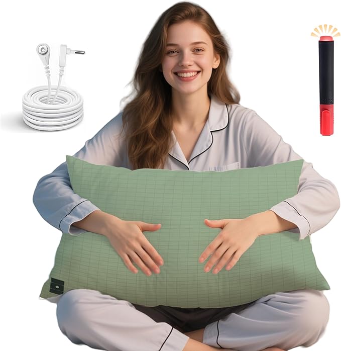 Ali King Grounding Pillowcase, 5% Conductive Silver + 95% Soft Cotton Queen Size Earth Grounding Pillow Cases with Grounding Cord for Improve Sleep (Green, Queen (20x30inches))