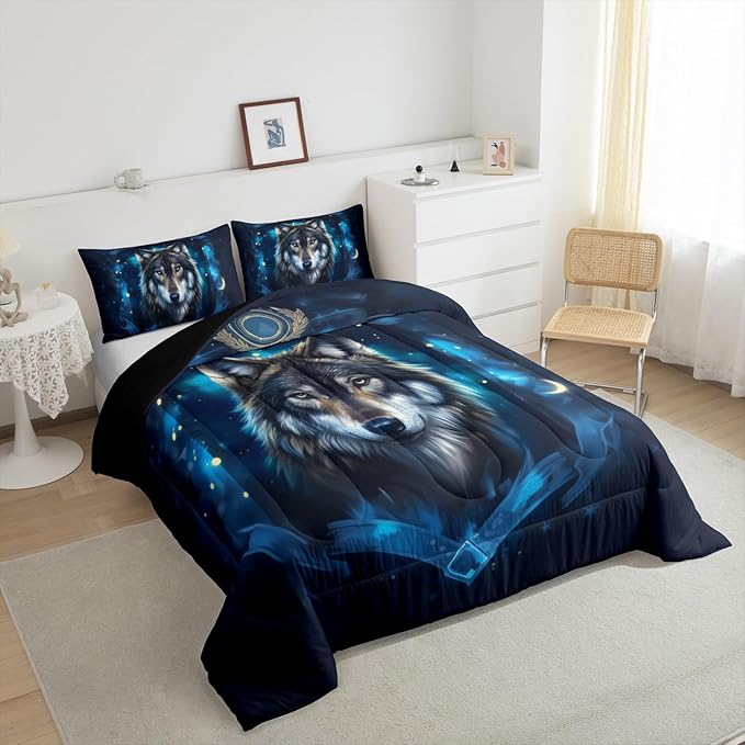 Feelyou Wolf Comforter Set Full Animal Wolves Comforter for Boys Girls Teens Mountain Moon Wolf Bedding Set Breathable Blue Duvet Set Room Decor Quilt Set