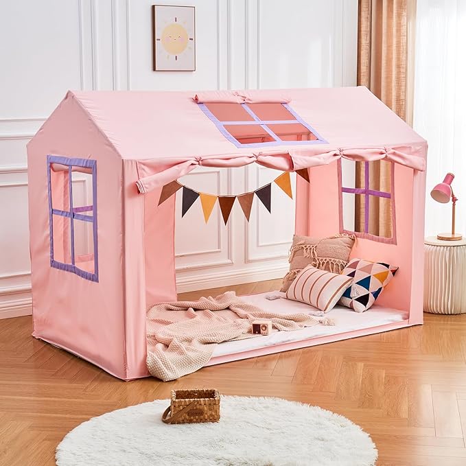 Twin Bed Tent Indoor Bed Canopy Kids Tents for Girls with 2 Doors, Breathable Private Space Fort Tents for Kids Floor Bed (Twin, Pink)