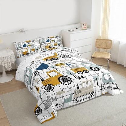 Feelyou Construction Comforter Set Queen Size Kids Excavator Tractor Toddler Comforter Cartoon Car Equipment Trucks Plaid Grid Comforter Set Construction Vehicles WhiteDuvet Set Quilt Set