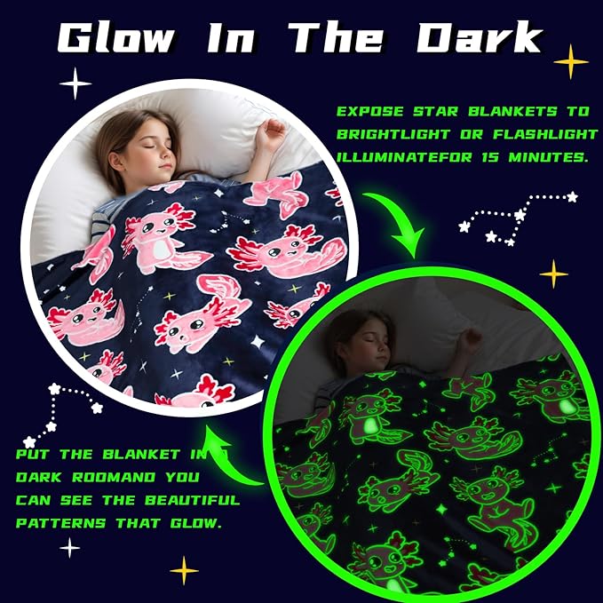Twin Size Axolotl Throw Blanket for Bed & Couch - Glow in The Dark Blankets Axolotl Gifts for Girls & Women, Lightweight Soft Salamander Throw for Bedroom Decor 60x80 inches