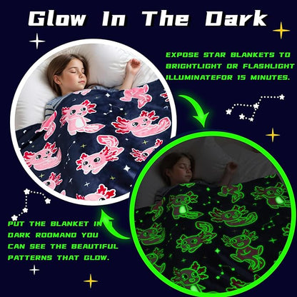 BORORO Glow in The Dark Axolotl Blanket - Pink Axolotl Gifts Toys for Kids Girls Ages 3-12 Years Old Birthday, Lightweight Soft Salamander Throw Blanket for Sofa Bed Camping Bedroom Decor 50x60 inch