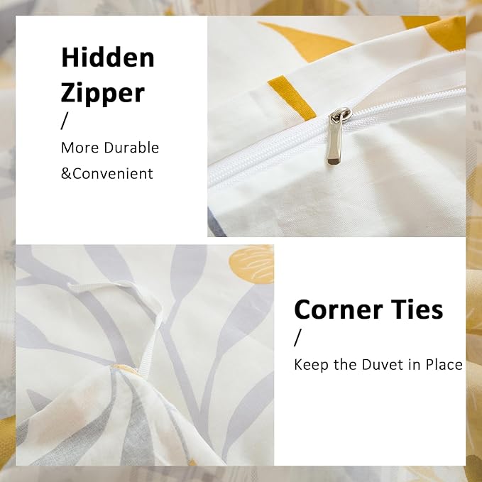 100% Cotton Duvet Cover Set Queen Size, Yellow Floral Bedding Set 3 Pcs Reversible Lightweight Comforter Cover for All Season(Queen, Yellow Botanical)