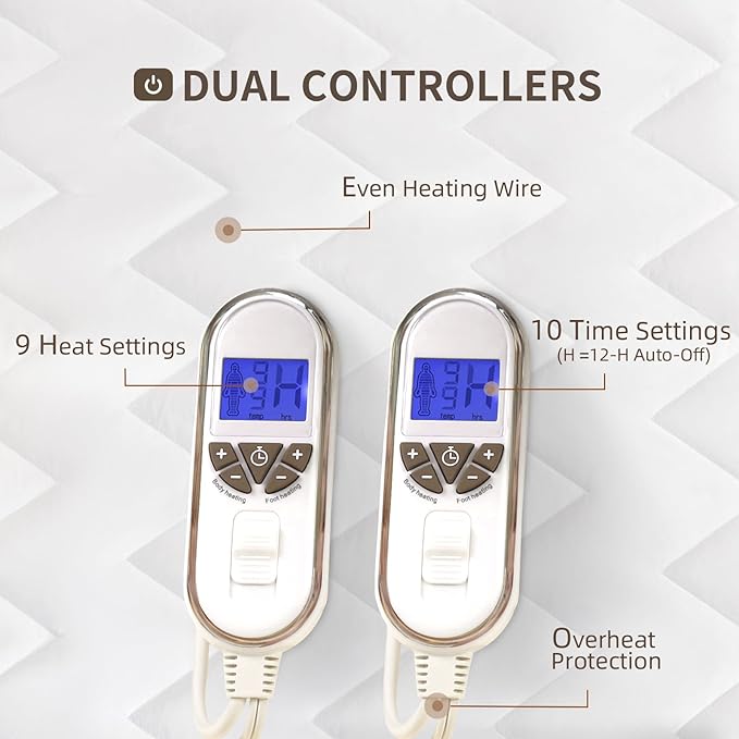 Bwarm Premium Multi-Zone Electric Heated Mattress Pad King Size, 78" x 80", Dual Controllers, 9 Heat Settings, 1-12 Hours Auto Off, Individual Body and Feet Settings, Machine Washable