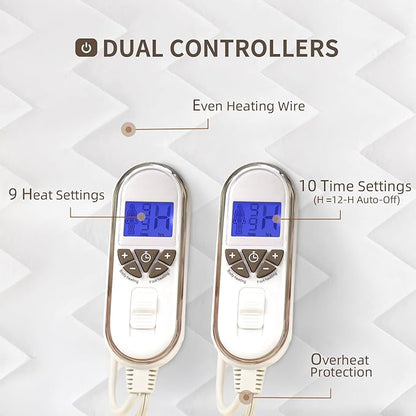Bwarm Premium Multi-Zone Heated Mattress Pad Cal King, Dual Control 72" x 84", 9 Heat Settings, 1-12 Hours Auto Off, Individual Body & Feet Settings, Removable Comfort Layer, Machine Washable