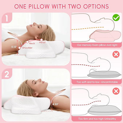 Cervical Neck Pillow for Pain Relief, Ergonomic Contour Pillow for Sleeping, 2 Heights Cooling Pillow for Neck and Shoulder Support, Memory Foam Orthopedic Pillow for Side Back Stomach Sleepers Pink