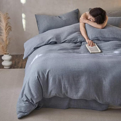 BuLuTu Gray Blue Muslin Cotton Duvet Cover Full Gauze Quilt Cover with Pillow Cases for All Seasons Minimalist Comforter Cover Set, Soft Comfort Bedding, Machine Washable