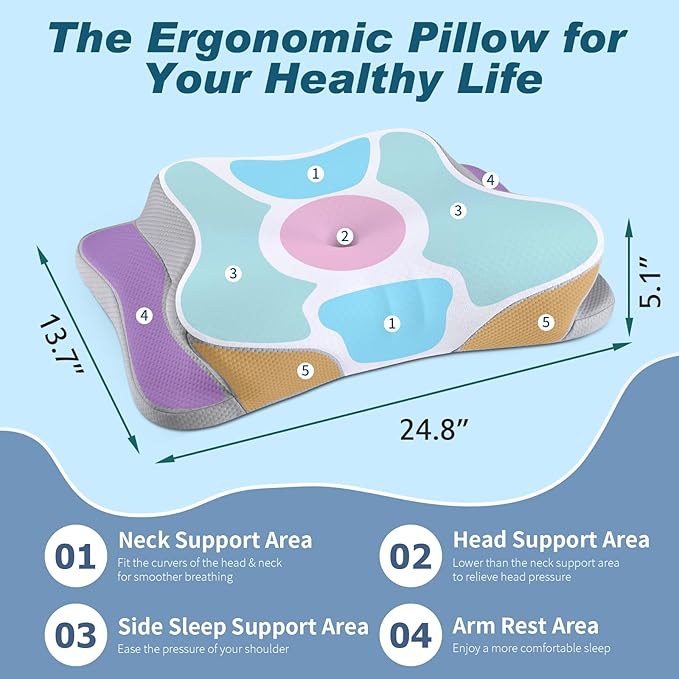 Cervical Neck Pillow - Cooling Ergonomic Neck Support Pillow for Sleeping, Orthopedic Contour Memory Foam Pillows for Side, Back & Stomach Sleepers with Pillowcase (White)