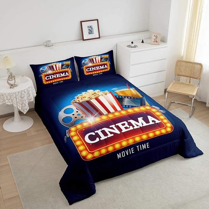 Castle Fairy Movie Theater Comforter Set,Vintage Cinema Ticket Bedding Set for Kids Girls Women,Adults Popcorn Comforter,Filmstrip Quilted Duvet Set Bedroom Collection Twin Size 2Pcs