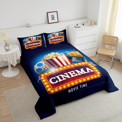 Movie Theme King Size Comforter Set,Kids Vintage Cinema Ticket Decor All Season Bedding Set,Teens Theater Comforter,Popcorn Decor Quilt Set Bedroom Collection 3Pcs