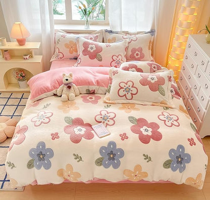 Twin Bedding Sets, Pink Duvet Cover Set, Ultra Soft Fluffy Comforter Covers Kawaii Cute Bedding Sets for Girl Kids (Flower, Twin)