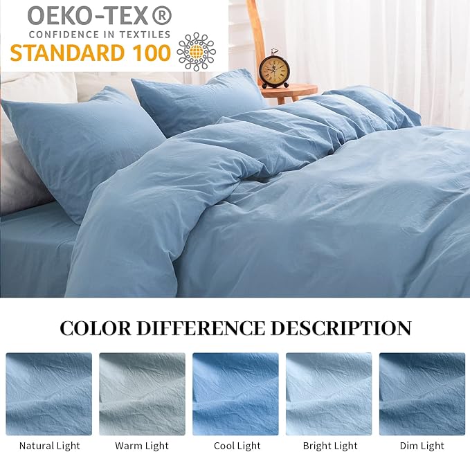 NEXHOME PRO Duvet Cover Set King Size 100% Washed Cotton Linen Look Textured Organic Natural 3 Pieces Bedding Set with Zipper Closure and Corner Ties, Breathable, Soft (Blue, No Comforter)