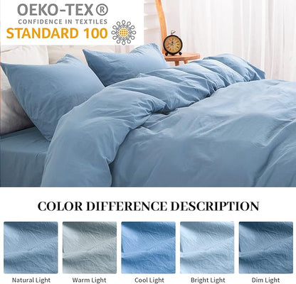 NEXHOME PRO Duvet Cover Set 100% Washed Cotton California Kingn 104"x98", Organic Natural Linen Look Textured 3 Pieces Bedding Set Blue with Zipper Closure & Corner Ties, Breathable (No Comforter)