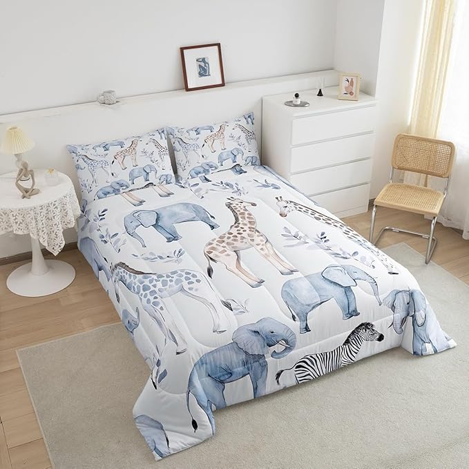 Castle Fairy Elephant Giraffe Bedding Set Queen Size Africa Tropical Animal Comforter Set for Girls Boys Room Decor Watercolor Leaves Down Comforter Wild Zebra Quilt Set with 2 Pillowcases