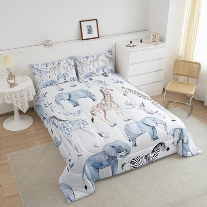 Castle Fairy Elephant Giraffe Bedding Set King Size Africa Tropical Animal Comforter Set for Girls Boys Room Decor Watercolor Leaves Down Comforter Wild Zebra Quilt Set with 2 Pillowcases