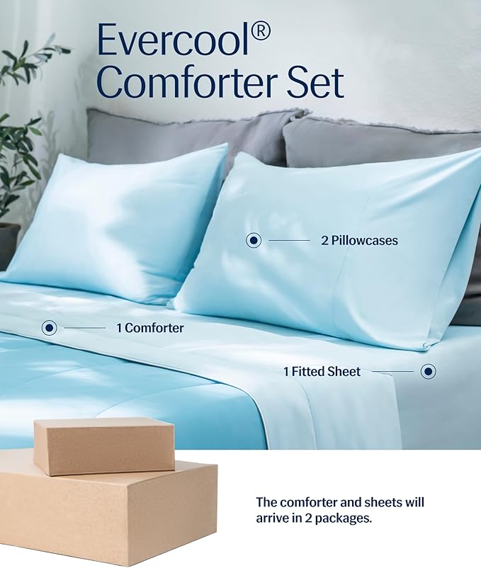 Rest® Evercool®+ Cooling Comforter Set, King size Light Blue, 4pcs with Cooling Blanket, Wrinkle-Free Deep Pocket Fitted Sheet, 2 Silver-Infused Pillowcases for Skin and Hair Bed Set for Ultra Comfort