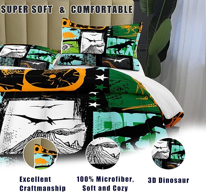 Bodhi Boys Bedding Set - Full Size Dinosaur Comforter Set with Pillowcases for Kids and Teens