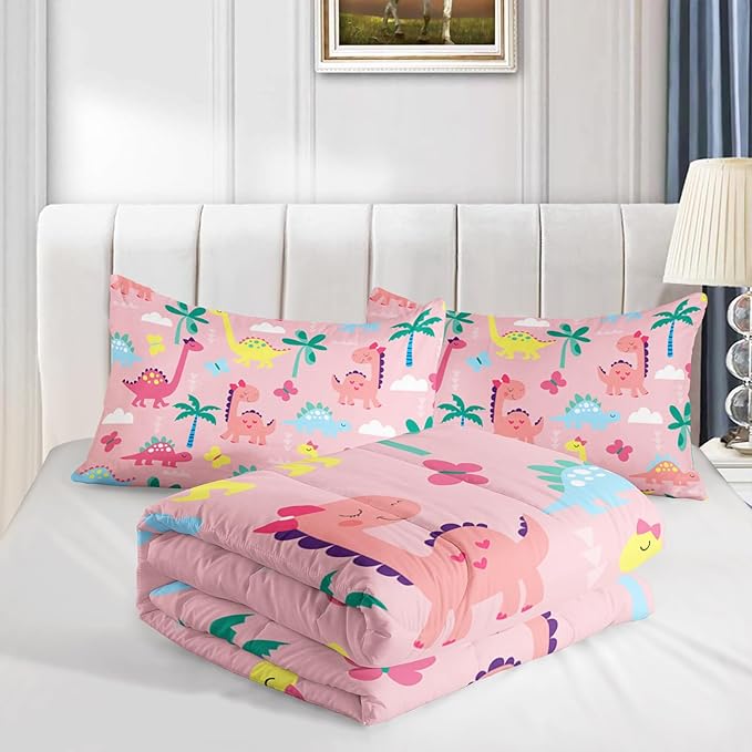 Axolotl Cute Dinosaur Comforter Set Queen,Colorful Dinosaur Girls Bedding Set,Dinosaurs Print Comforter Sets Botanical Palm Trees,Butterfly Bedding Set for Kids Girls Teens,1 Quilt 2 Pillowcases,Pink