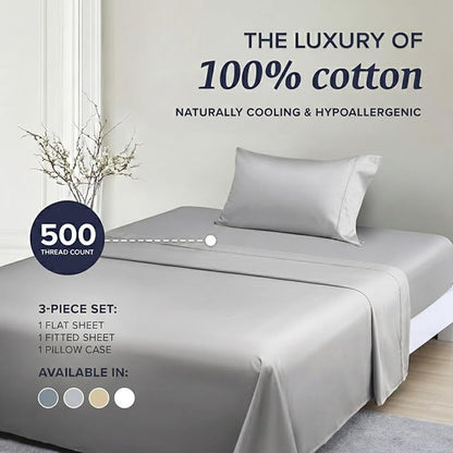 Beckham Hotel Collection Twin Sheet Set 100% Cotton, 500TC Luxury Sateen Bedding, 16” Deep Pocket, Moisture-Wicking, 3-Piece, Gray