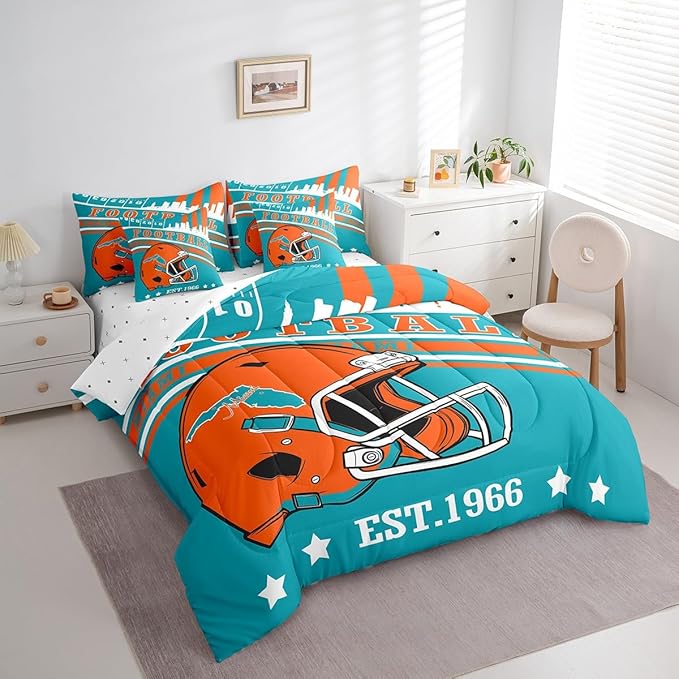 Erosebridal Queen Kids Comforter for Sports Fans Football City Bedding Sets, 7Pcs Sports Helmets Rugby Decor Comforter + Flat Sheet + Fitted Sheet + 2 Pillowcases + 2 Throw Pillow Covers
