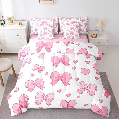 Feelyou Pink Bowknot 7 Piece Bedding Set Cartoon Bow Comforter Set with Sheets for Kids Boys Girls Cute Love Heart Bed in a Bag White Pink Bed Set Soft Lightweight