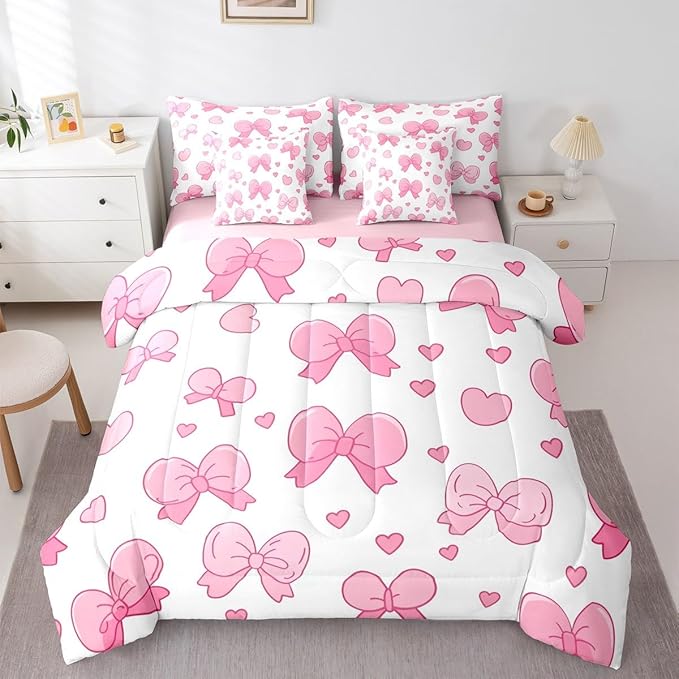 Feelyou Pink Bowknot 7 Piece Bedding Set Cartoon Bow Comforter Set with Sheets for Kids Boys Girls Cute Love Heart Bed in a Bag White Pink Bed Set Soft Lightweight