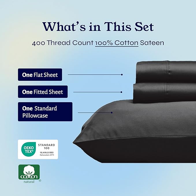California Design Den Twin XL Sheet Sets - 400 Thread Count Sateen, 100% Cotton Sheets Set, Deep Pockets, and Durable Bedding for Dorm Rooms & Adults - Black
