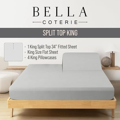 Bella Coterie 6 Piece Luxury Bamboo Viscose Split Top King Size Sheet Set | 34" Split for Adjustable Beds | 100% Organically Grown| Cooling | 18” Deep Pocket | 4 Pillowcases [Grey Mist]