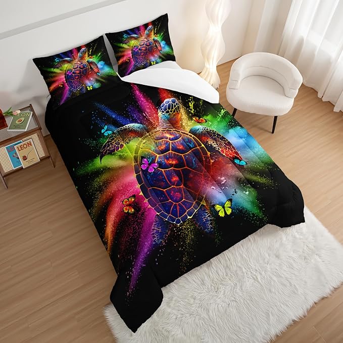 HOSIMA Watercolor Sea Turtle Comforter Set King Size,Tie Dye Ocean Turtle Butterfly Bedding Set,Marine Life Theme King Size Comforter for Kids Room Decor with 2 Pillowcases.