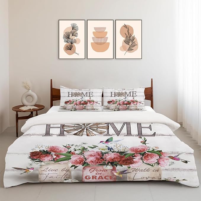 Rose Flower Theme 3 Pieces Duvet Cover Comforter Set with 2 Pillowcase King Size Pink Peony Floral Bed Sheet Quilt Bedroom Bedding for Lover Kids