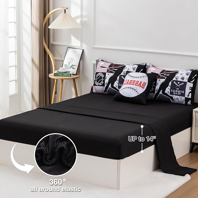 A Nice Night Sports Geometric Grid Black Patchwork Baseball Printed for Boys Queen 6Pcs Bed in A Bag Comforter Bedding Set,Black