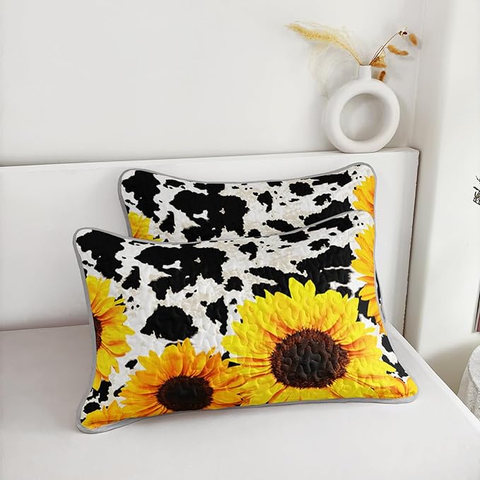 QOOMO Sunflower Quilt Set Twin Size,Cow Print Bedspread Coverlet Set,Animal Print 3Pcs Bedding Set Printed Quilt with 2 Pillowcases,Soft and Lightweight,for All Seasons