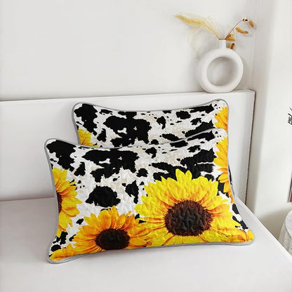 QOOMO Sunflower Quilt Set Twin Size,Cow Print Bedspread Coverlet Set,Animal Print 3Pcs Bedding Set Printed Quilt with 2 Pillowcases,Soft and Lightweight,for All Seasons