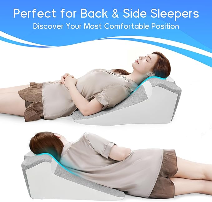 Bed Wedge Pillow for Sleep Apnea, Acid Reflux& Snoring Relief, Post-Surgery Recovery Pillow with Ergonomic 3-in-1 Certified Memory Foam for Back, Neck& Head Support (Gray & White)