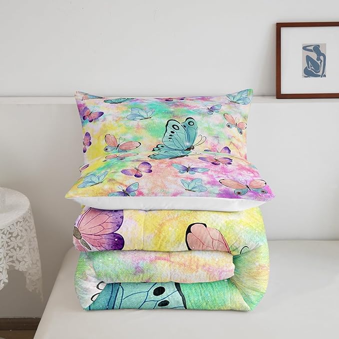 Feelyou Butterfly Comforter Set Tie Dye Flying Butterflies Theme Bedding Set for Kids Boys Girls Teens Rainbow Watercolor Decor Comforter Colorful Quilt Set Room 3Pcs King Size