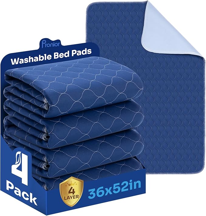 Incontinence Bed Pads Washable Waterproof Mattress Protector, 4-Layer Absorbency Pee Pads, Durable Multifunctional Underpad Sheet Protector for Kids, Adults, Pets(4 Pack-36"x52"-Navy Blue)