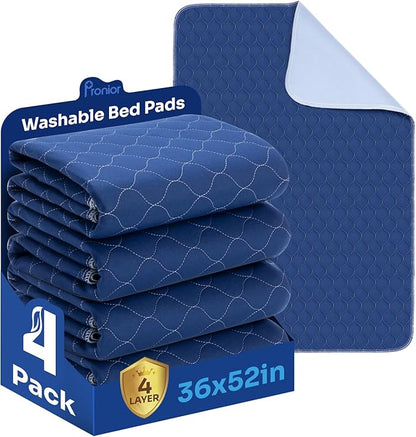 Incontinence Bed Pads Washable Waterproof Mattress Protector, 4-Layer Absorbency Pee Pads, Durable Multifunctional Underpad Sheet Protector for Kids, Adults, Pets(4 Pack-36"x52"-Navy Blue)