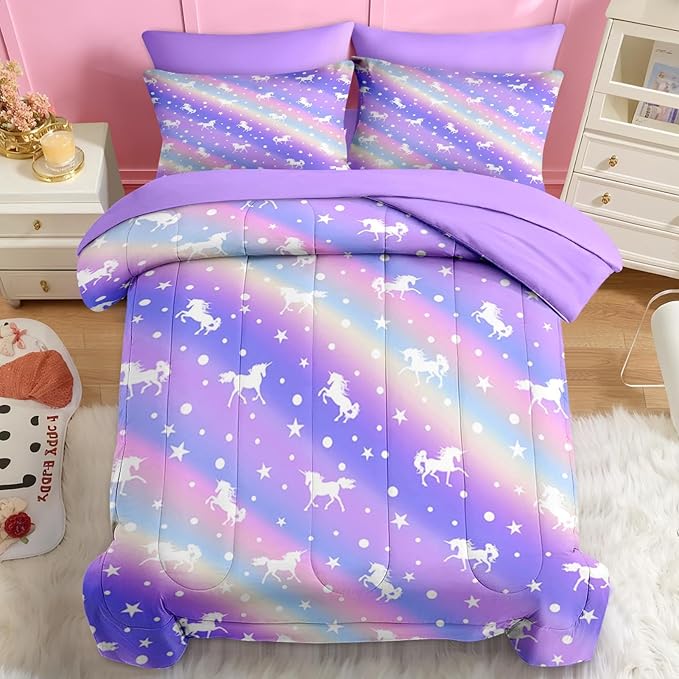 Nesker 7 Pcs Comforter Set Full Size, Purple Colorful Bedding for Kids Teen, Unicorn Rainbow Starwith Fitted Sheet 2 Pillowcases & 2 Shams for Bedroom Bed Decor