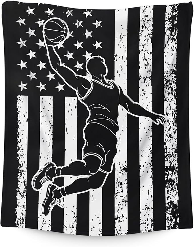 Basketball Blanket for Kids Son Grandson - 50x40 Inches Small Soft Fuzzy Flannel Sports Themed Throws Stuff Gifts for Travel Cars Office All Seasons