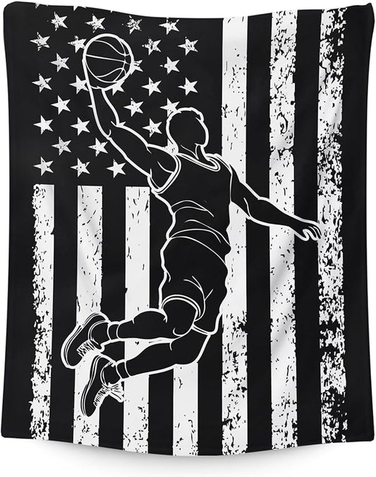 Basketball Blanket for Kids Son Grandson - 50x40 Inches Small Soft Fuzzy Flannel Sports Themed Throws Stuff Gifts for Travel Cars Office All Seasons