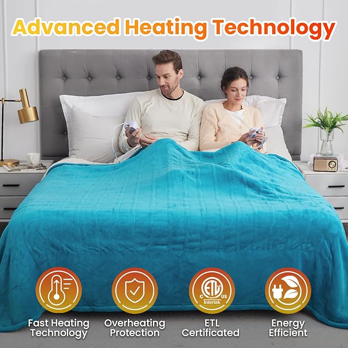 WOOMER Electric Heated Blanket Queen Size, Soft Flannel Fast Heating Blanket, Teal Color, 84"x 90", 10 Heating Levels & 0.5-12H Auto Off, Over-Heat Protection