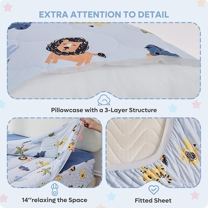 Bestier Twin Size 4Pcs Kids Comforter Sets, Zipper Bedding Set, Kids Bedding Set Cartoon Comforter for Kid, Zipper Bedding Certified - OEKO-TEX100 (Blue, Twin, 39"x75")
